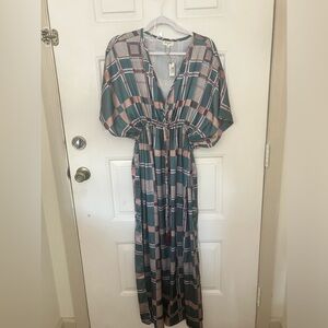 World Market Geometric Maxi Dress in Teal and Pink